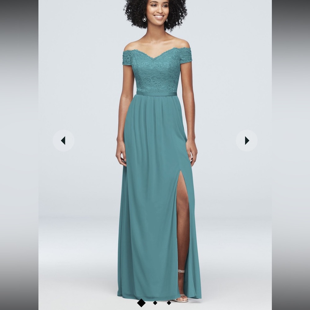 David’s Bridal 6 Teal Off Shoulder Lace and Mesh Bridesmaid Dress